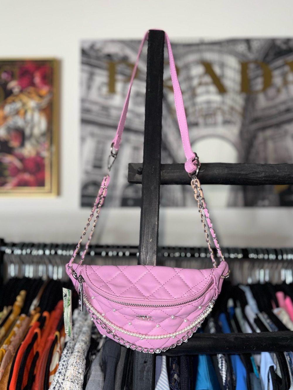 Badgley Mischka Pink Quilted Pearl Embellished Chain Belt Bag Crossbody New NWT